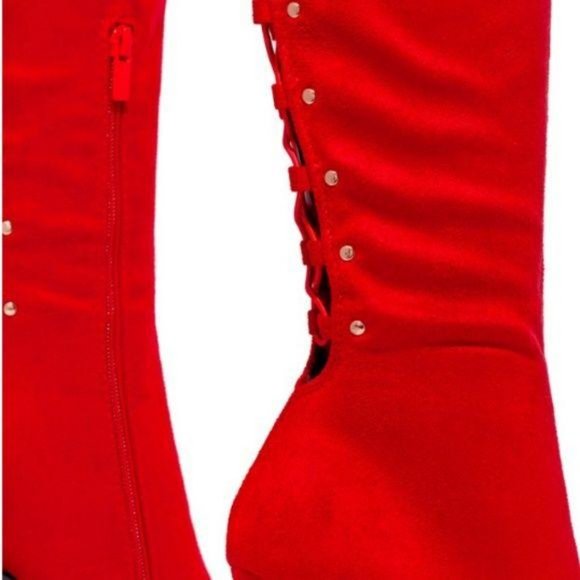 NEW !! Stretchy Over the Knee Lace Up Boots in Red - Picture 5 of 10